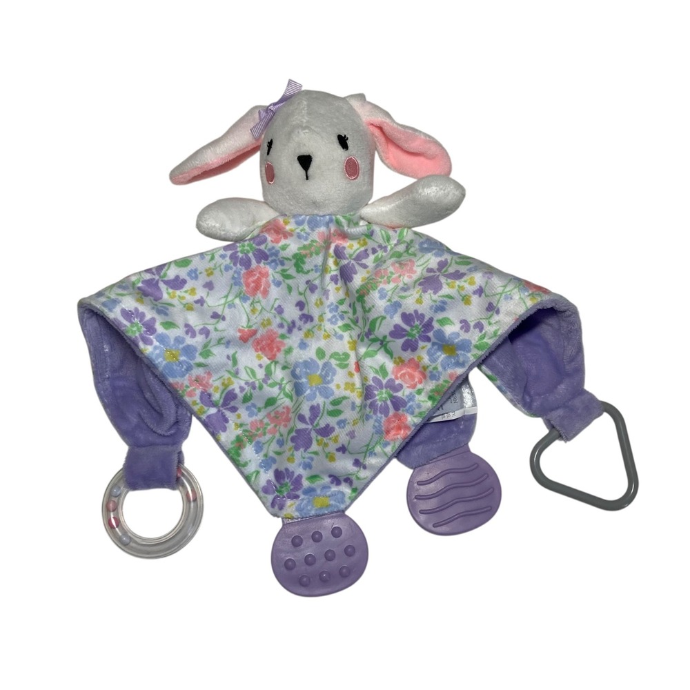 Modern Baby Bunny Lovey 12" Security Blanket Rattle Purple Floral Teether
